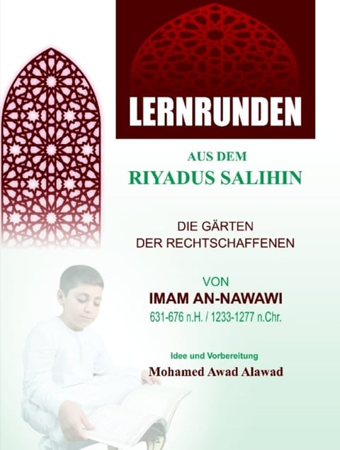 Book cover for Lernrunden from Riyadus Salihin by Imam An-Nawawi, featuring Islamic geometric design and portrait of the author